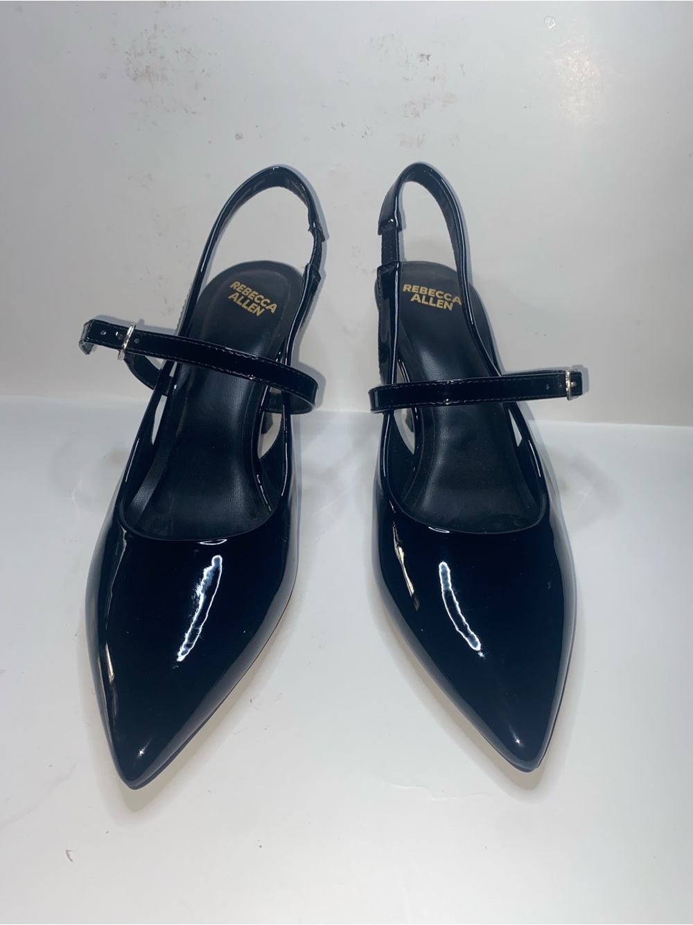 Rebecca Allen Black Patent Pointed Mary Jane Slingback Flats